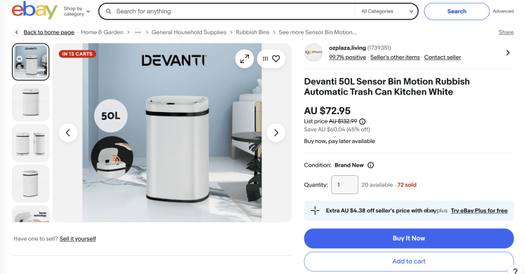 eBay: Devanti 50L Sensor Bin – 49% off, only $72.95